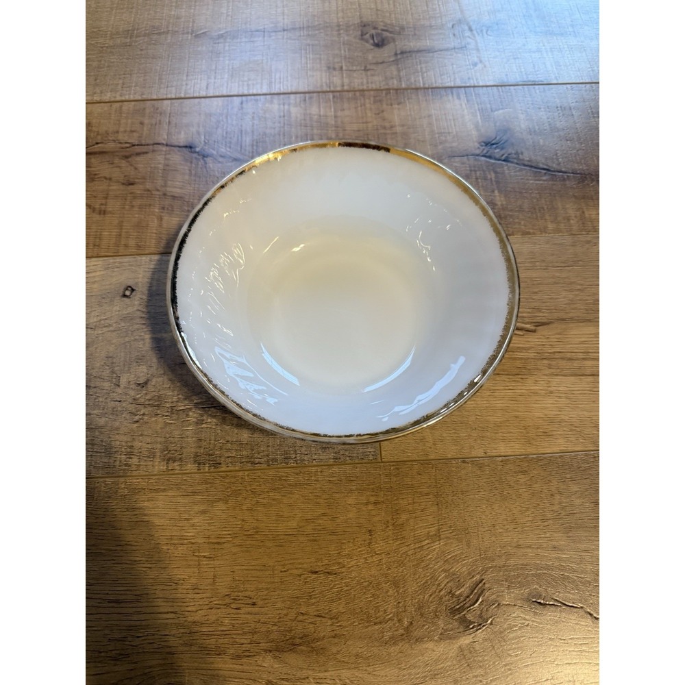 Vintage Anchor Hocking Fire King Milk Glass Gold Trim 8in Serving Bowl USA